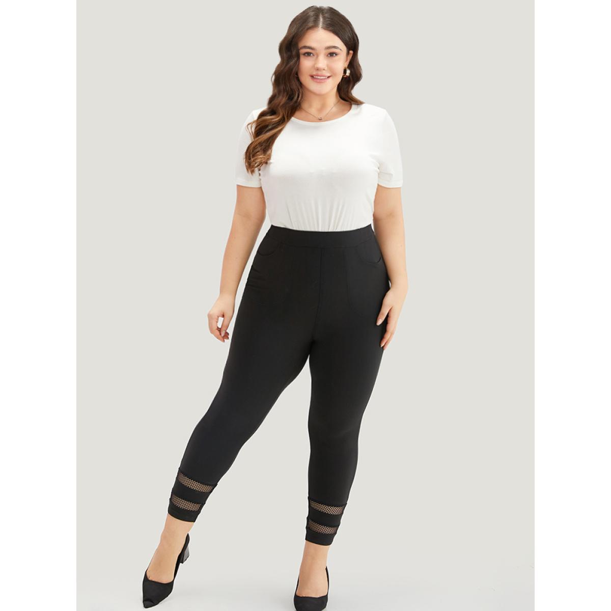 Plus Size Plain Lace Patchwork Cut Out Legging Women Black Casual High stretch Skinny High Rise Dailywear Leggings BloomChic 30/6X Product Image