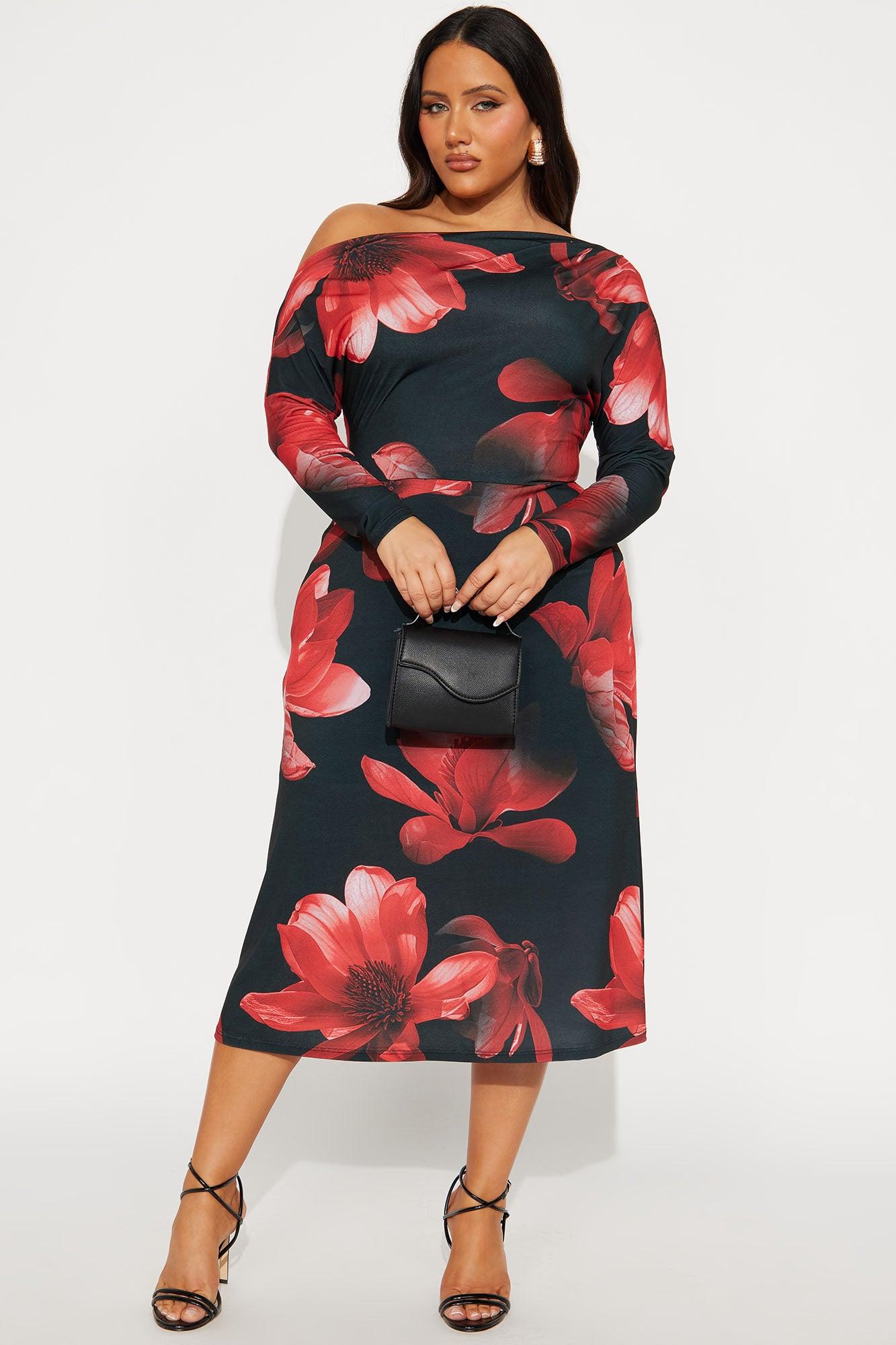 Brea Long Sleeve Floral Midi Dress - Black/Red Female Product Image