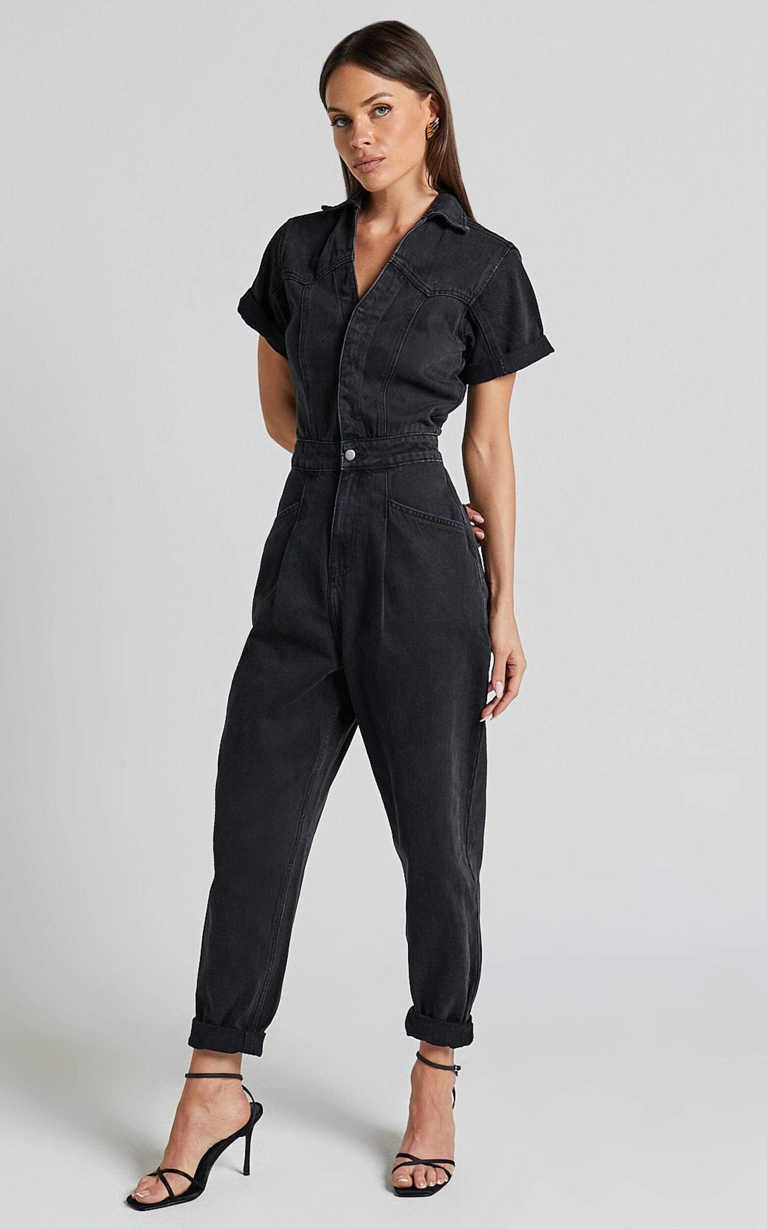 Jordyn Jumpsuit - Short Sleeve Collared Button Through Denim Jumpsuit in Black Wash Product Image