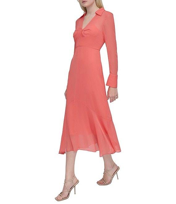DKNY by Donna Karan Woven Collar V Neck Long Sleeve Front Twist A-Line Midi Dress Product Image