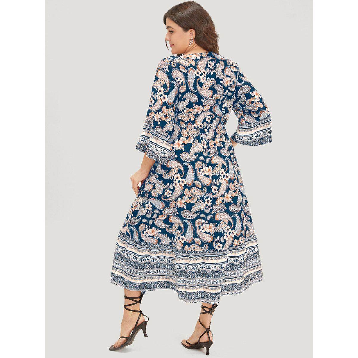 Plus Size Floral & Paisley Print Elastic Waist Button Detail Dress Aegean Women Vacation Printed V-neck Elbow-length sleeve Curvy Midi Dress BloomChic 30/6X Product Image