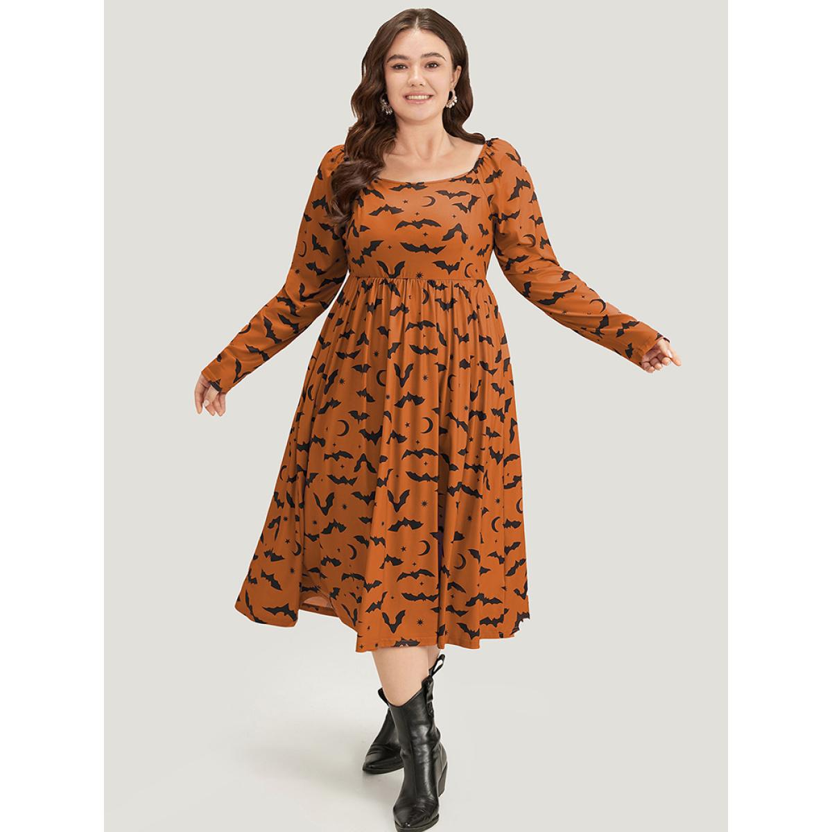Plus Size Halloween Bat Print Pocket Square Neck Dress Rust Women Casual Gathered Square Neck Long Sleeve Curvy Midi Dress BloomChic 12/L Product Image