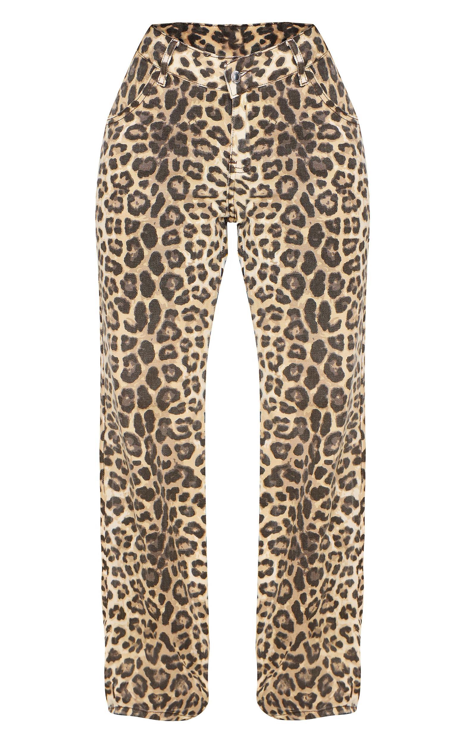 Petite Brown Denim Leopard Print Straight Leg Jeans Product Image
