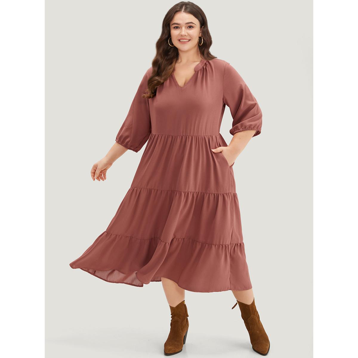 Plus Size Solid Notched Lantern Sleeve Layered Hem Dress Salmon Women Casual Elastic cuffs Notched collar Elbow-length sleeve Curvy Midi Dress BloomChic 14-16/1X Product Image