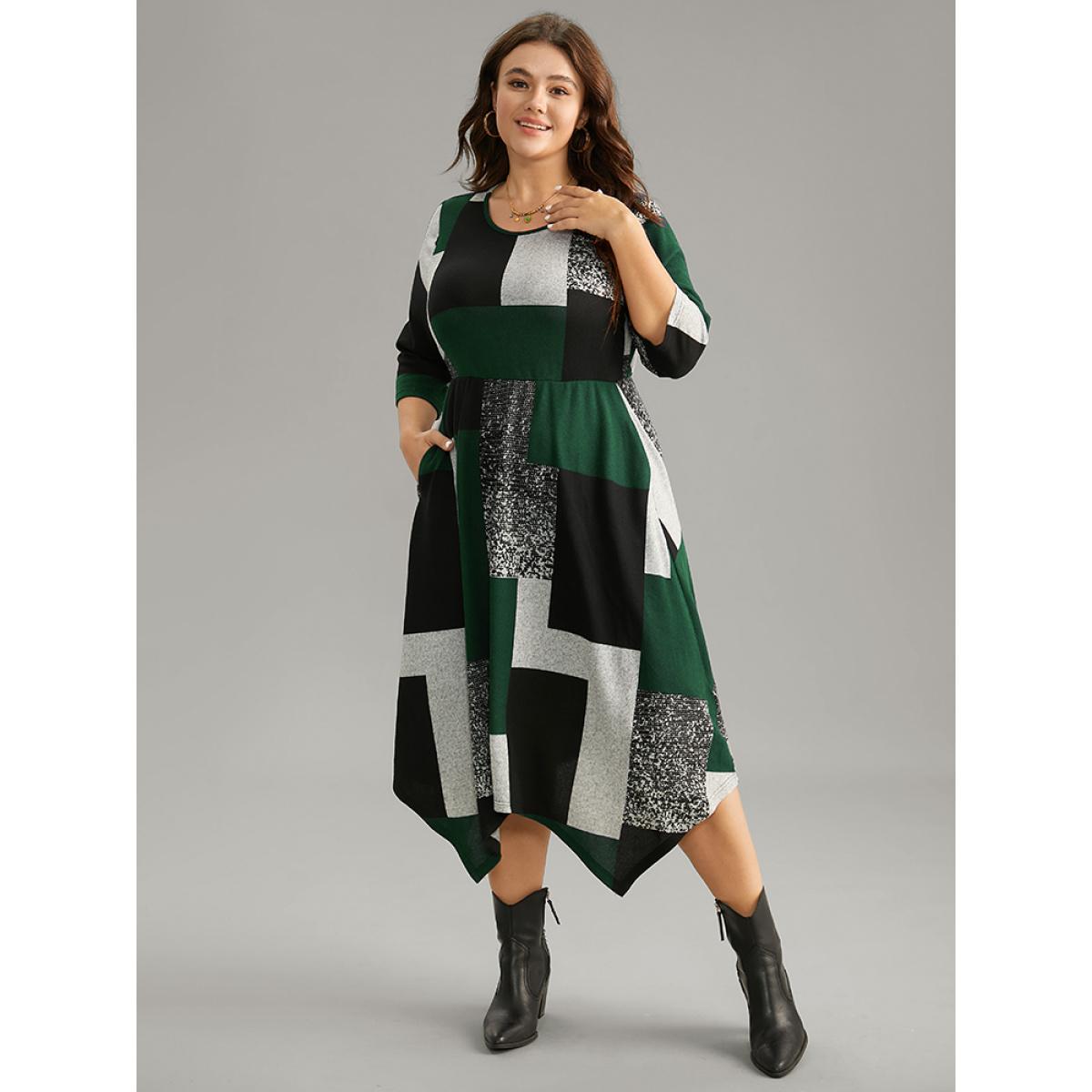Plus Size Colorblock Contrast Round Neck Elastic Waist Dress Green Women Casual Printed Round Neck Elbow-length sleeve Curvy Midi Dress BloomChic 10/M Product Image