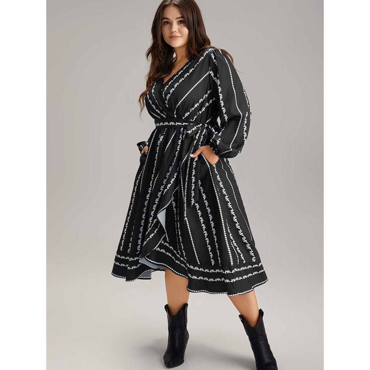 Plus Size Boho Print Striped Belted Wrap Pocket Dress Black Women Vacation Belted V-neck Long Sleeve Curvy Midi Dress BloomChic 26/4X Product Image