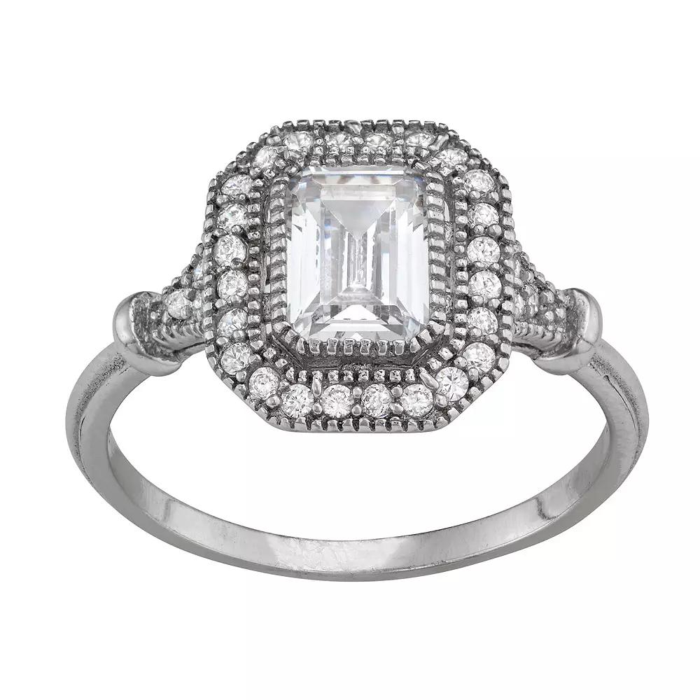 Contessa Di Capri Haloed Cubic Zirconia Emerald Cut Ring, Women's, Size: 7, Sterling Silver Product Image