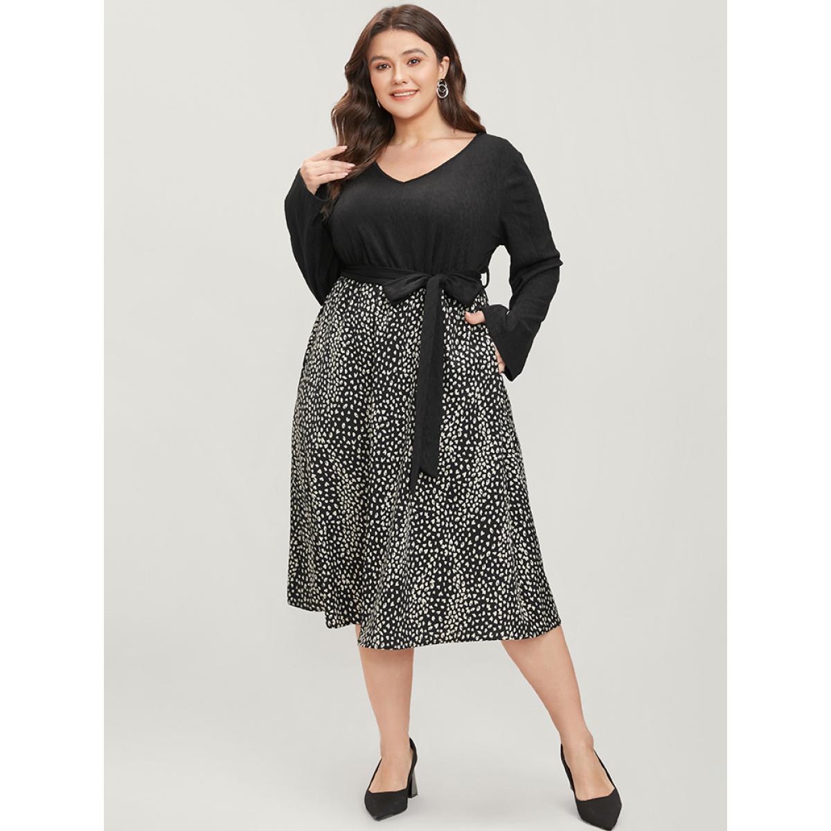 Plus Size Leopard Patchwork V Neck Pocket Belted Textured Dress Black Women Elegant Patchwork V-neck Long Sleeve Curvy Midi Dress BloomChic 14-16/1X Product Image