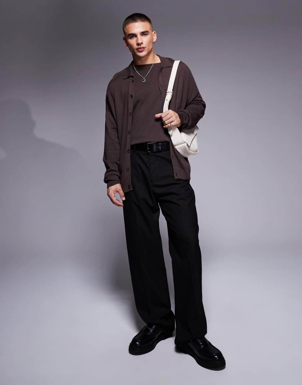 ASOS DESIGN relaxed knitted button through long sleeve polo in brown - part of a set Product Image