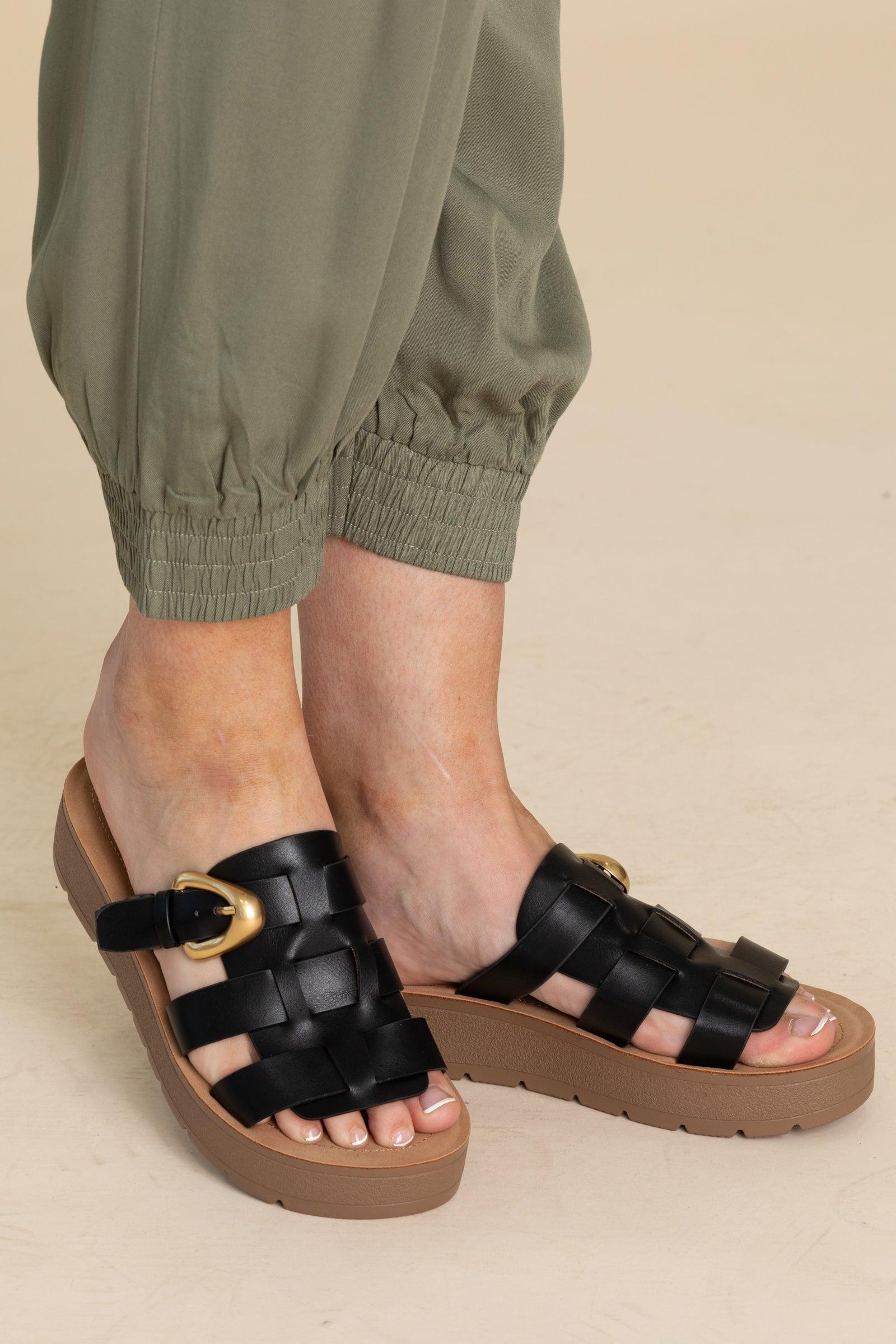 Platform Cage Slide On Sandal With Gold Buckle Product Image