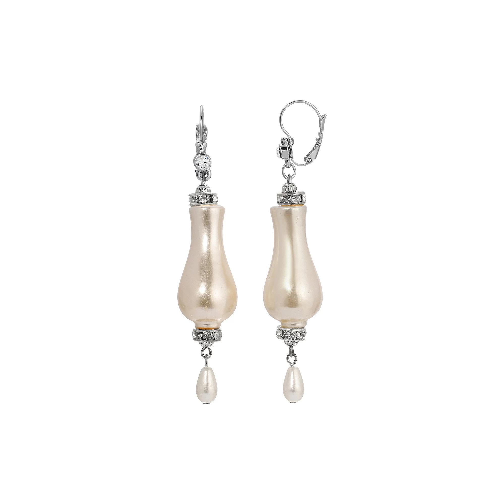 1928 Silver Tone Simulated Pearl Drop Earrings, Women's, White Product Image
