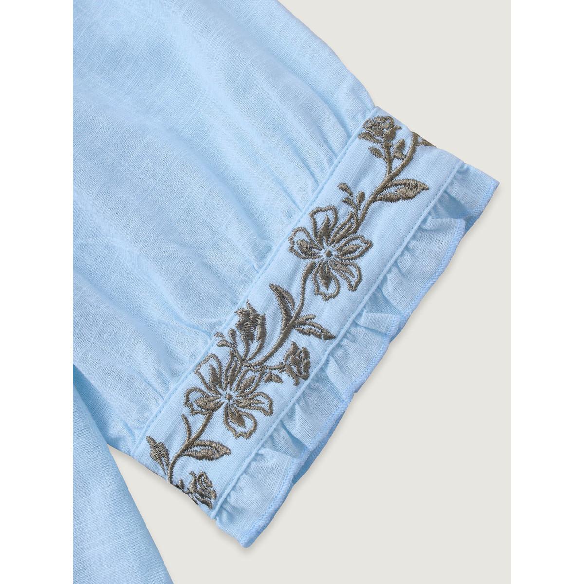 Plus Size LightBlue Cotton Floral Embroidered Notched Collar Frill Trim Blouse Women Leisure Elbow-length sleeve Stand-up collar Casual Blouses BloomChic 14-16/1X Product Image