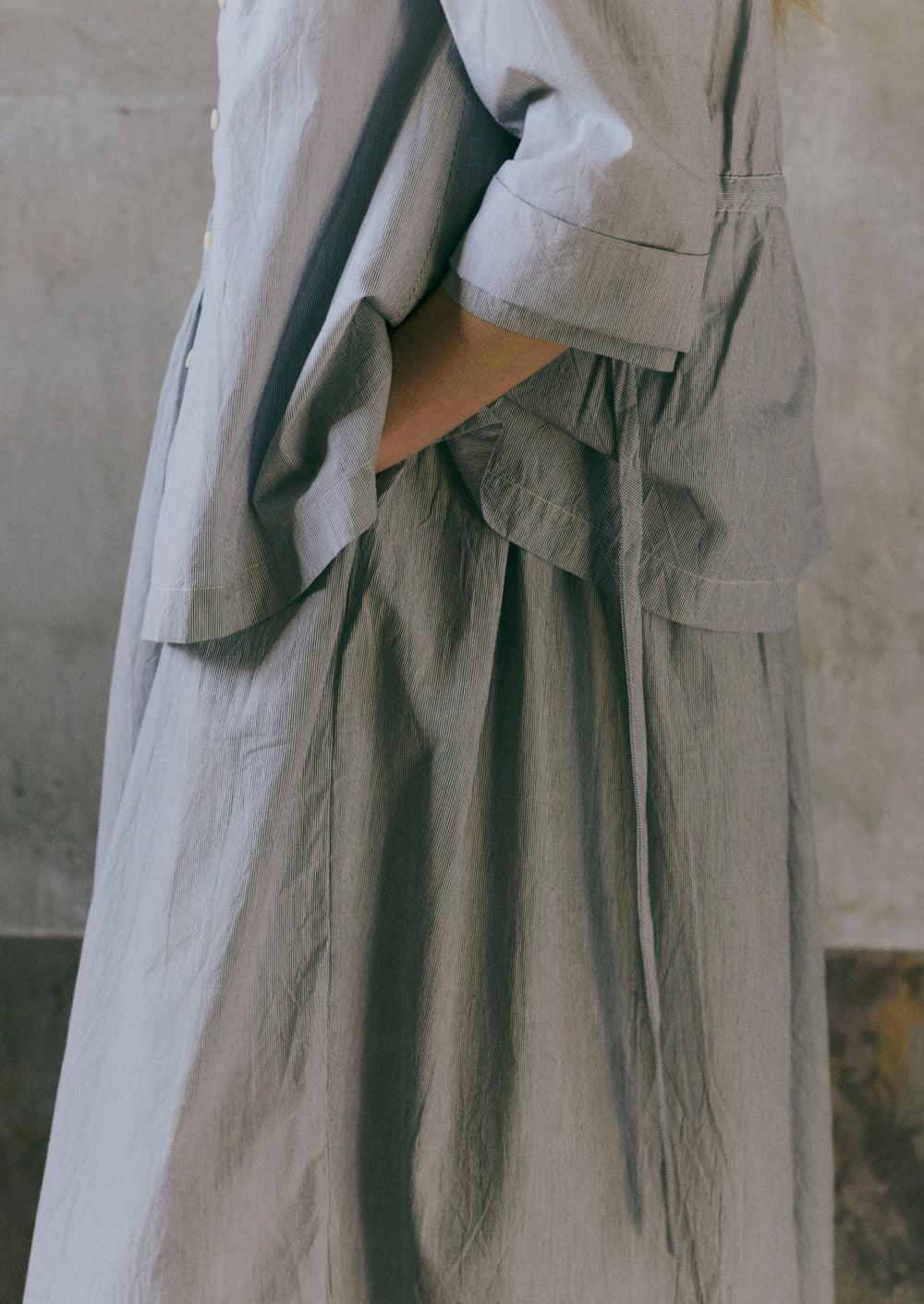 Fine Stripe Cotton Tie Shirt | Ecru/Slate Product Image