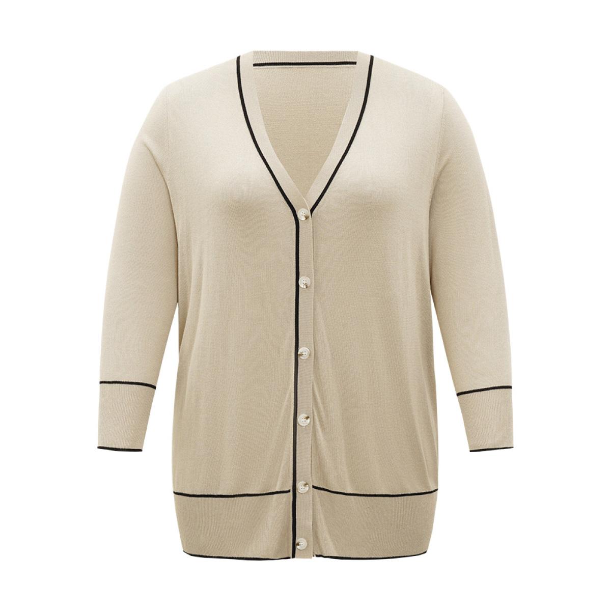 Plus Size Supersoft Essentials Contrast Trim Button Through Elastic Cuffs Cardigan Champagne Women Casual Loose Long Sleeve Dailywear Cardigans BloomChic 14-16/1X Product Image