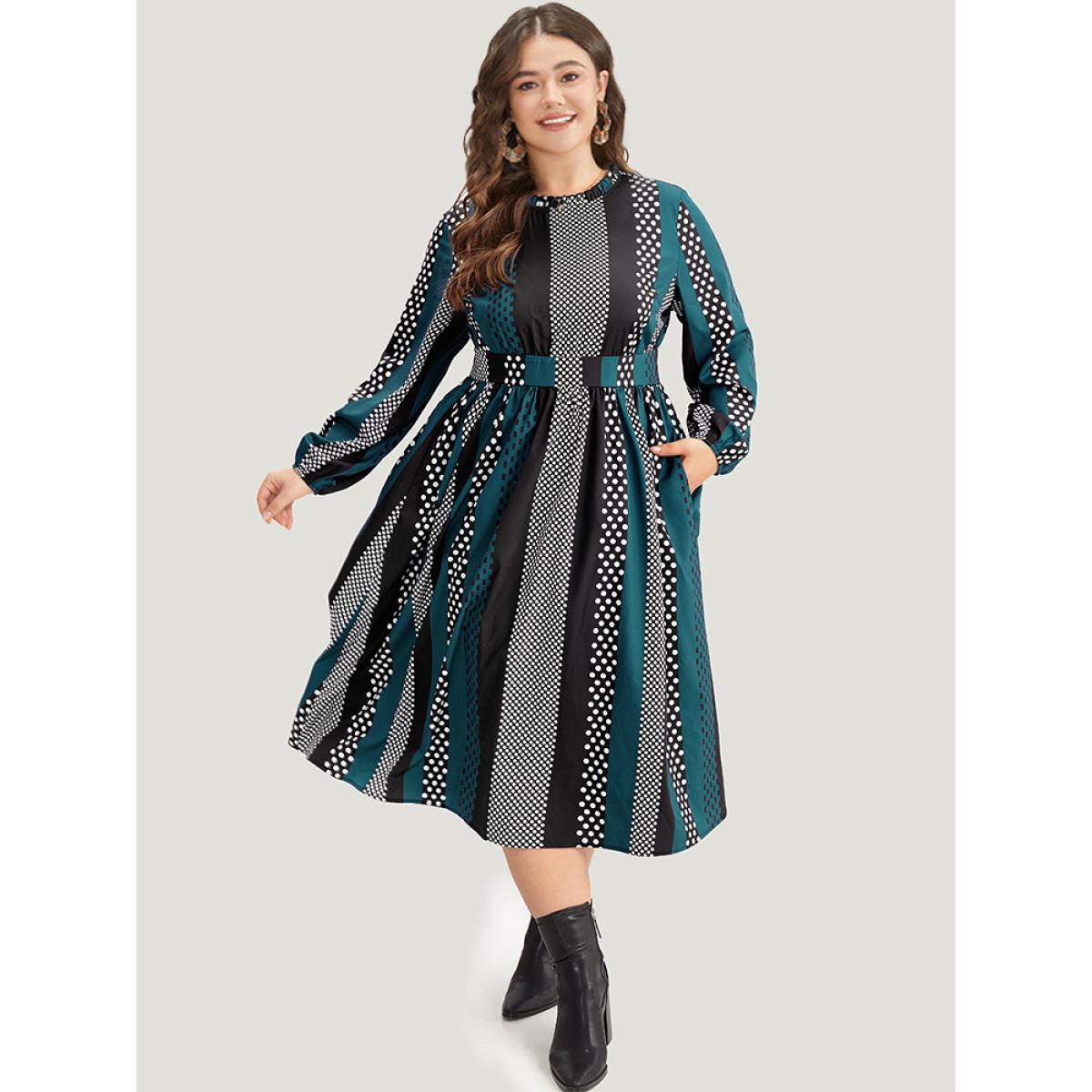 Plus Size Polka Dot Patchwork Striped Pleated Lantern Sleeve Dress Aegean Women At the Office Elastic cuffs Round Neck Long Sleeve Curvy Midi Dress BloomChic 26/4X Product Image
