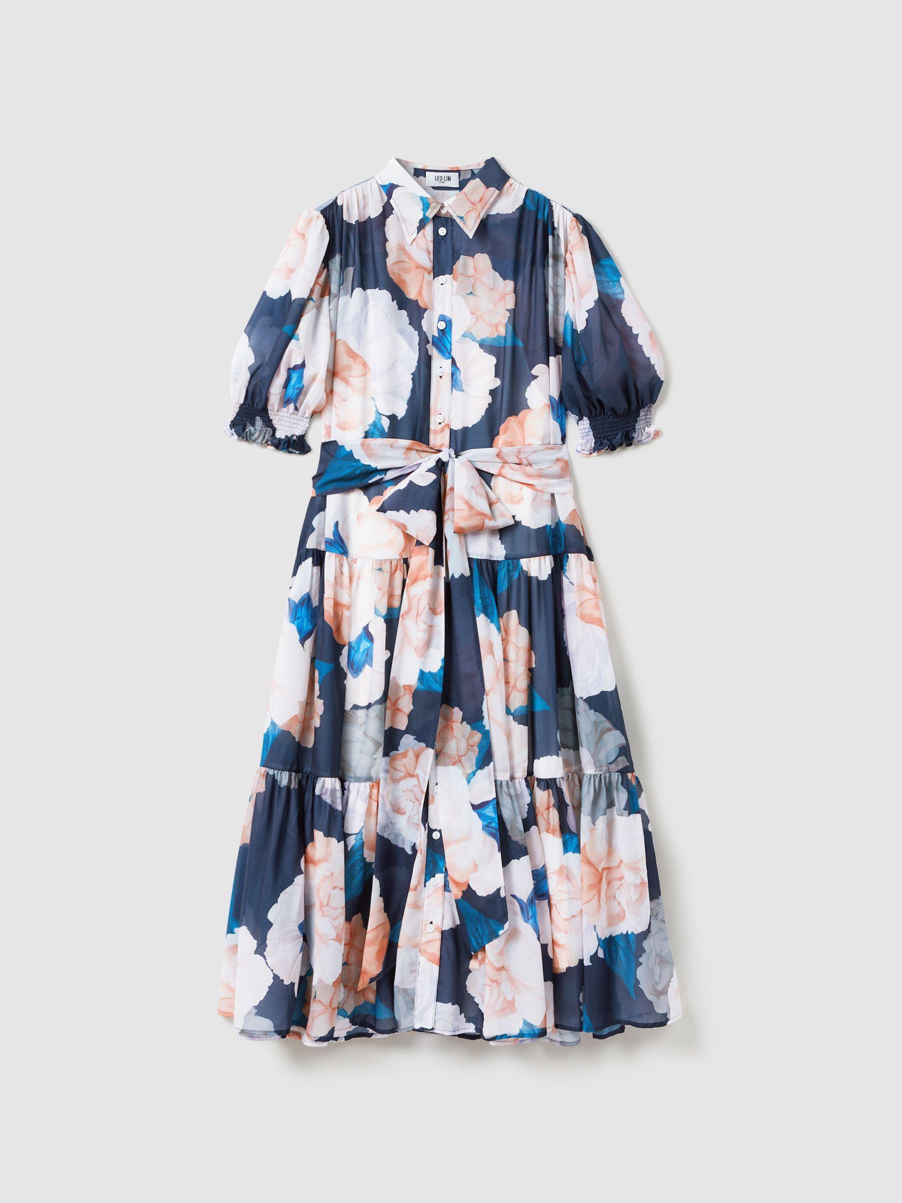Leo Lin Printed Bishop Sleeve Midi Dress in Rosebud Print Navy Product Image
