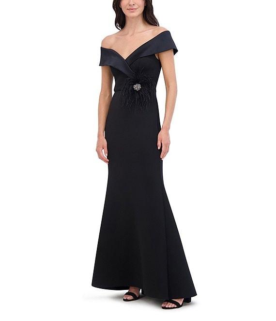 Eliza J Scuba Off The Shoulder Drape Sleeve Feather Applique Gown Product Image