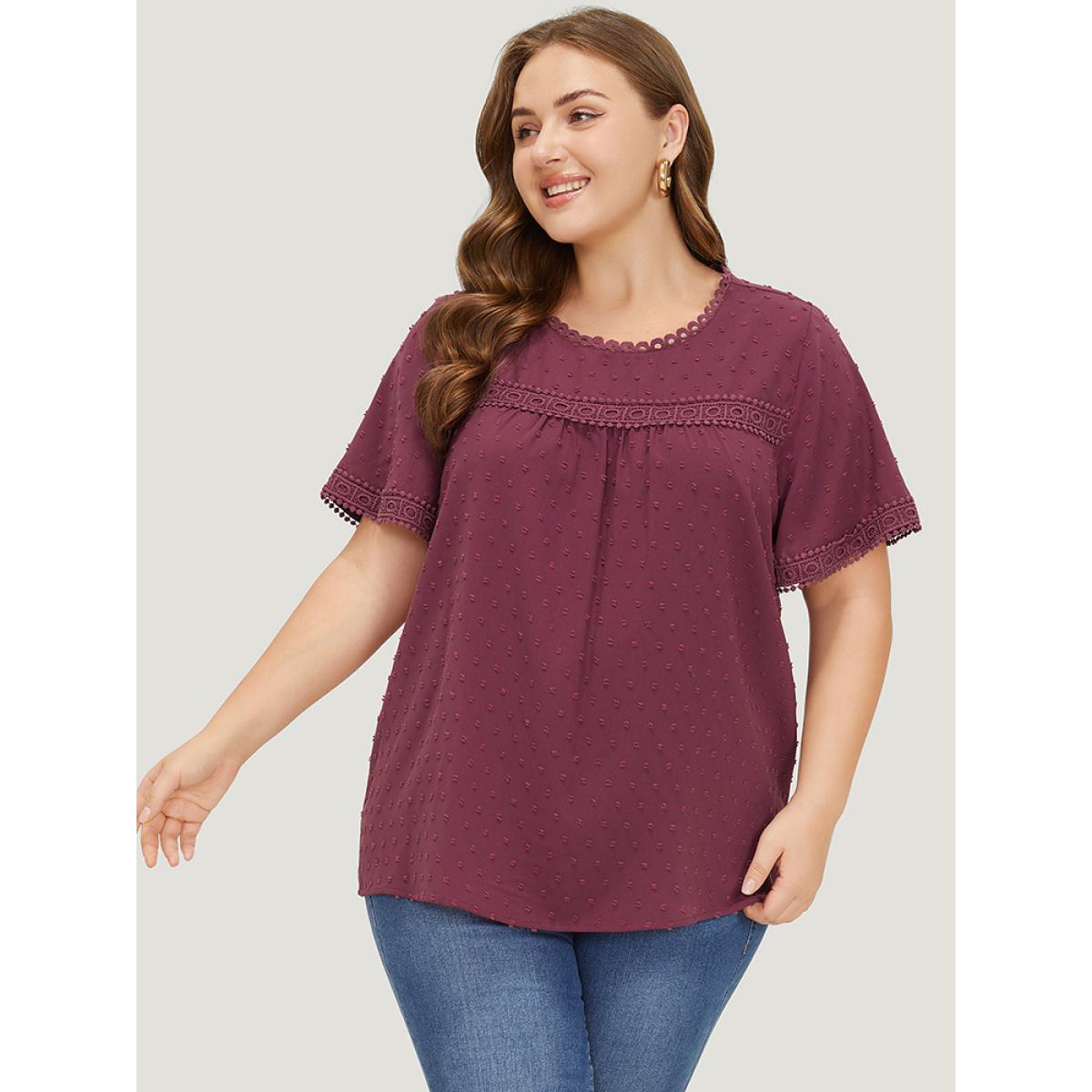 Plus Size RedViolet Polka Dot Gathered Lace Blouse Women Elegant Short sleeve Round Neck Dailywear Blouses BloomChic 10/M Product Image