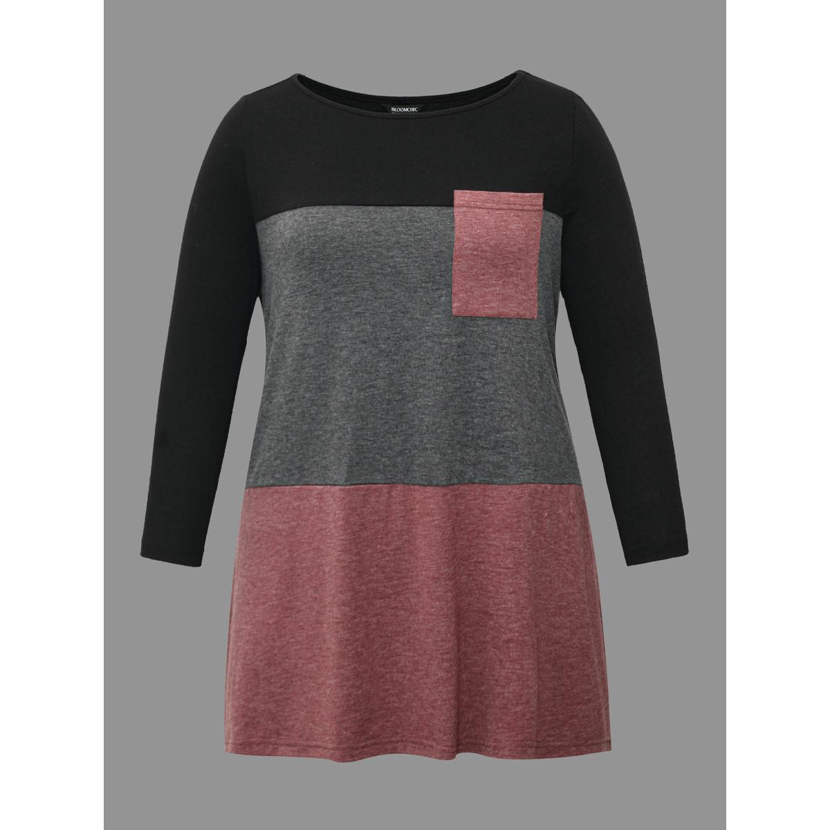 Plus Size Color Block Chest Pocket Round Neck T-Shirt Multicolor Women Casual Contrast Boat Neck Loose Everyday T-shirts BloomChic 18-20/2X Product Image