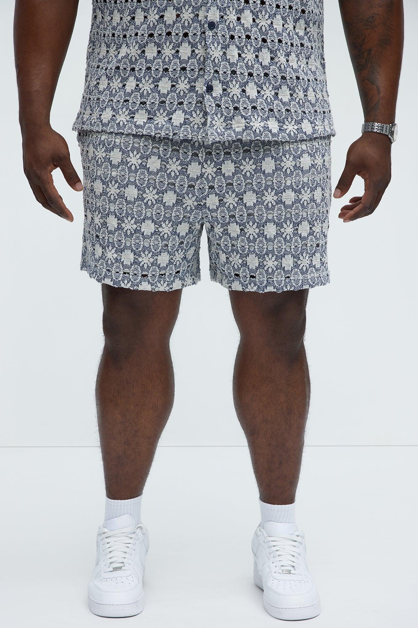 Patterned Open Knit Shorts - Blue/combo Product Image