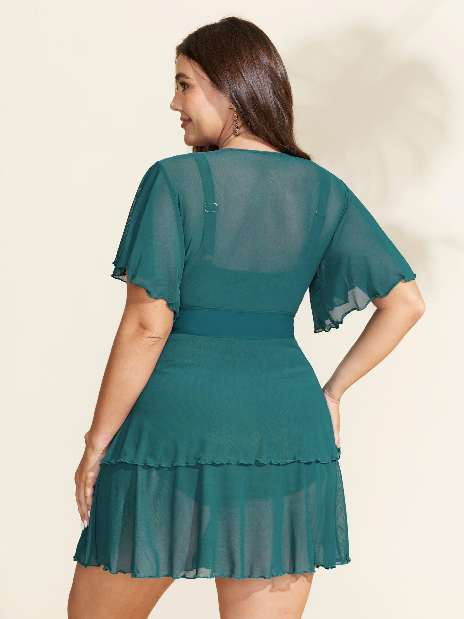 Sheer Ruffled Sleeve Layered Swim Dress Female Product Image