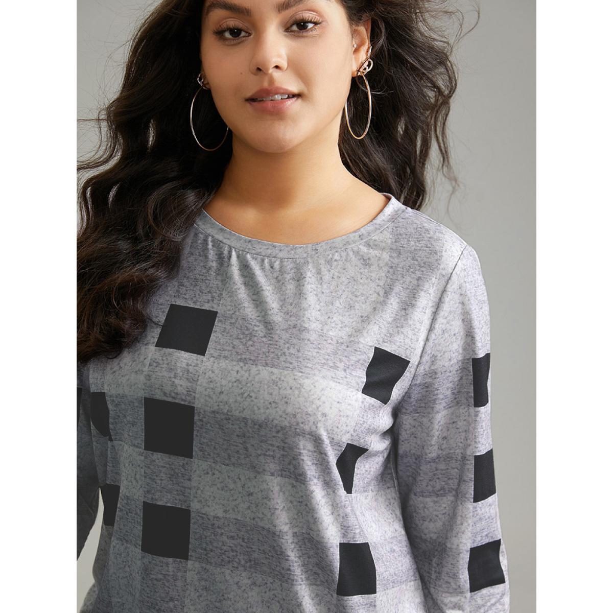 Plus Size Plaid Print Contrast Round Neck T-shirt LightGray Women Casual Contrast Plaid Round Neck Everyday T-shirts BloomChic 18-20/2X Product Image
