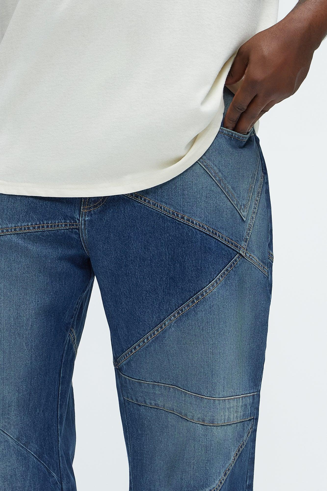 Tonal Patchwork Baggy Jeans - Medium Wash Product Image