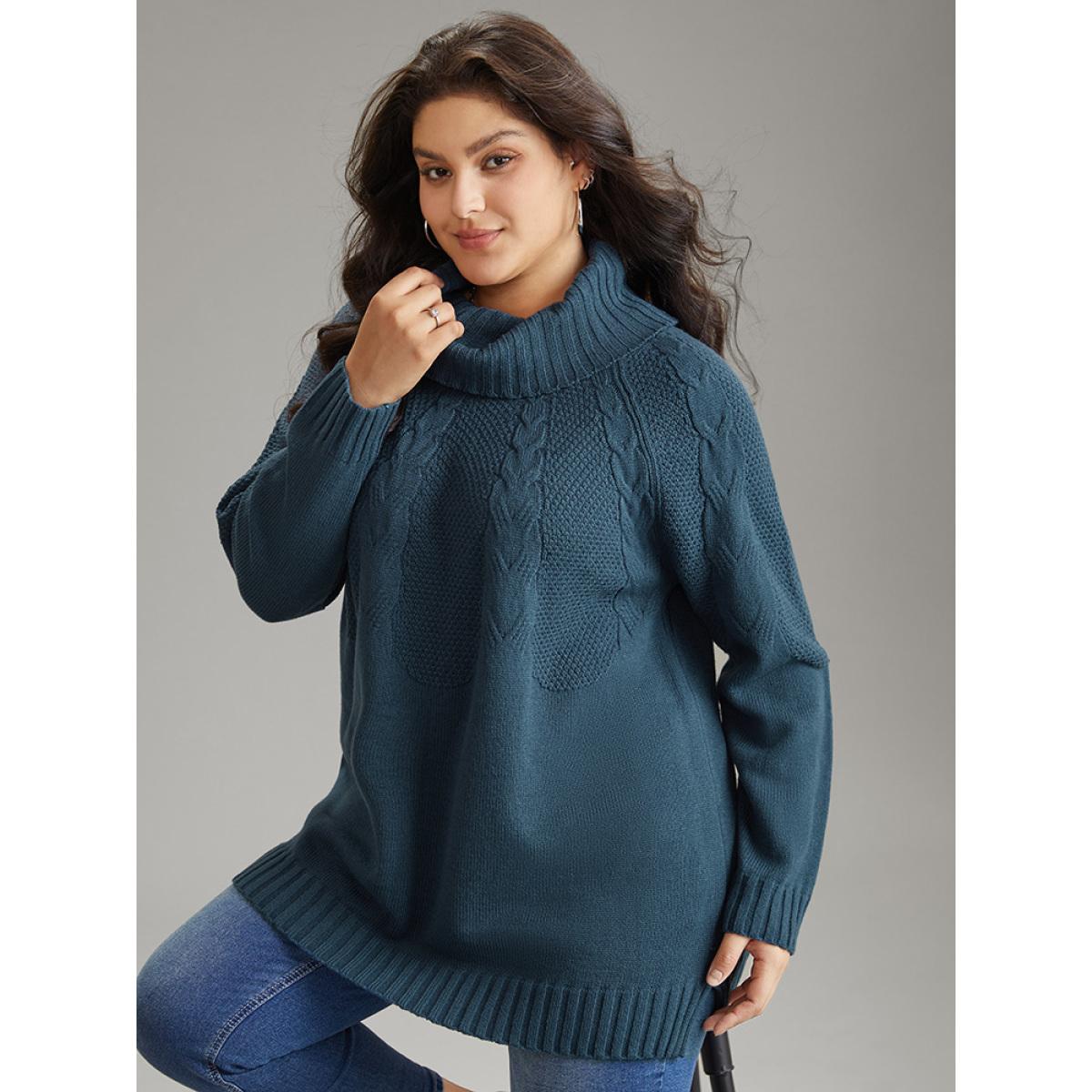 Plus Size Solid Turtle Neck Cable Knit Pullover Cyan Women Casual Loose Long Sleeve Turtleneck Dailywear Pullovers BloomChic 28/5X Product Image