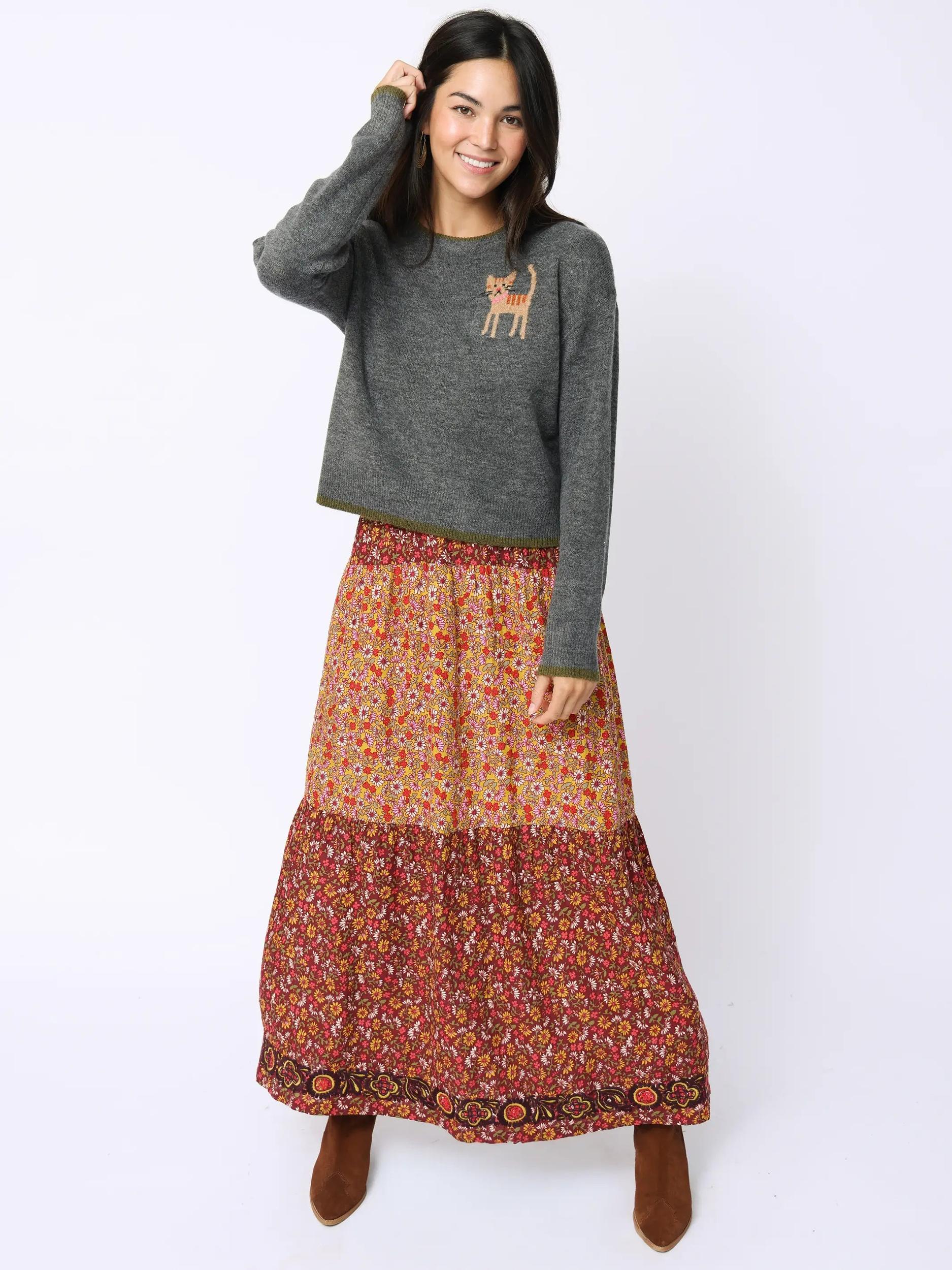 Camille Embroidered Maxi Skirt - Stemmed Daisies Wine Product Image