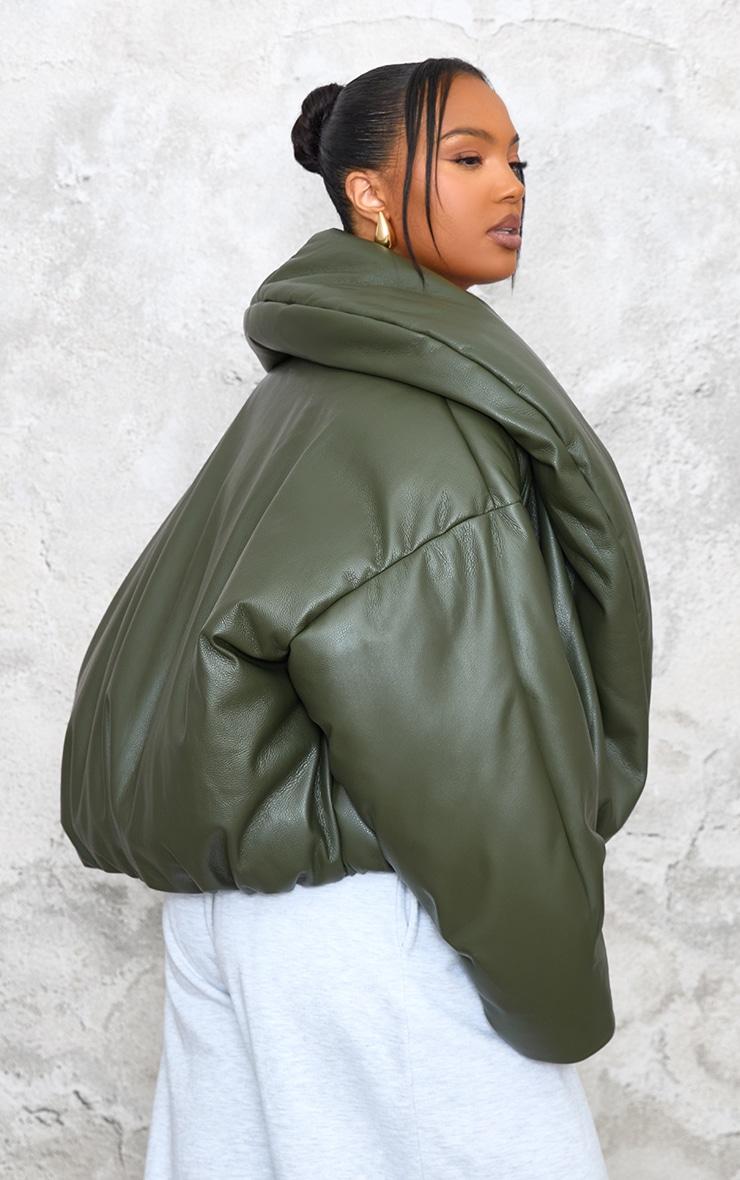 Plus Dark Khaki Exaggerated Collar PU Cropped Puffer Coat Product Image