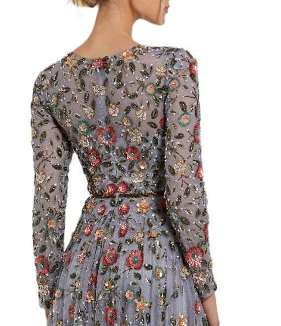 Mac Duggal Floral Beaded Crew Neck Long Sleeve Pleated Chiffon Gown Product Image