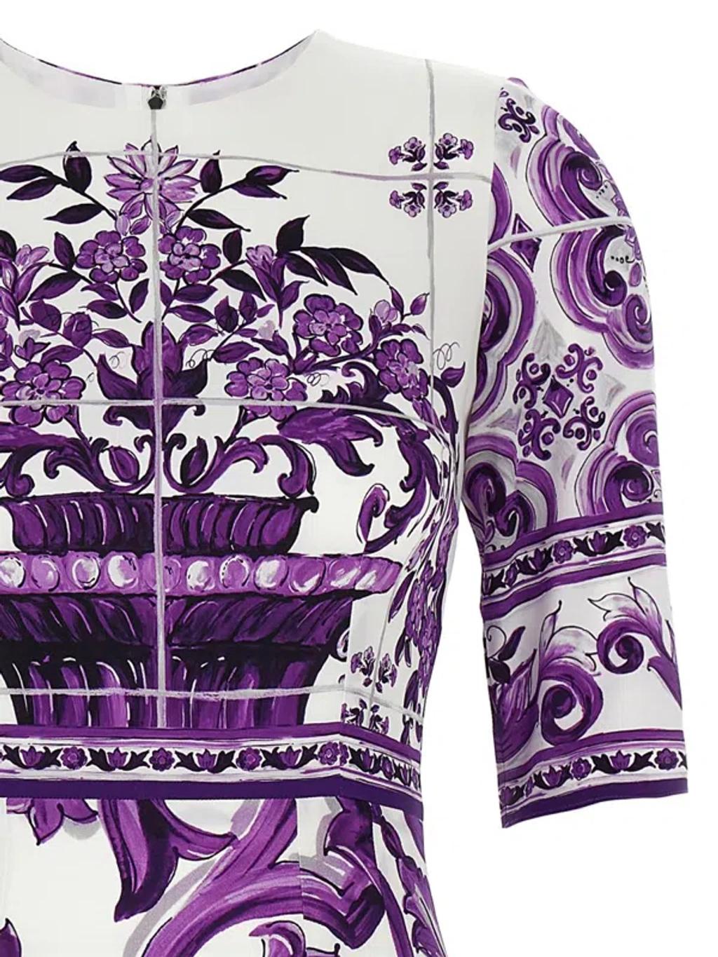 DOLCE & GABBANA Violet Crewneck Dress With Rear Zip Closure And All-over Floral Print In Silk Stretch Woman In Purple Product Image