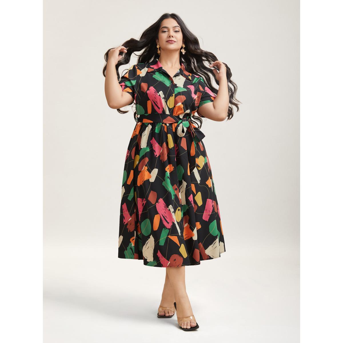 Plus Size Color Brush Print Stretchy Waist Midi Dress BlackFlower Women Elegant Belted Shirt collar Short sleeve Curvy BloomChic 18-20/2X Product Image