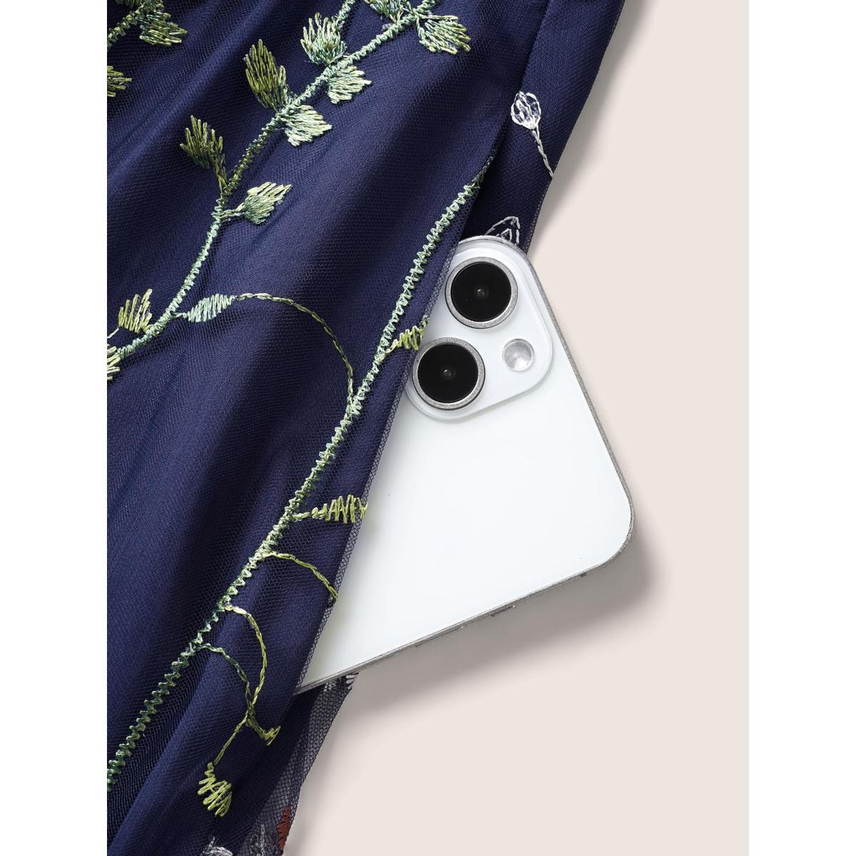 Plus Size U Neck Floral Embroidered Mesh Cami Dress DarkBlue Women Formal U-neck Sleeveless Curvy BloomChic 22-24/3X Product Image