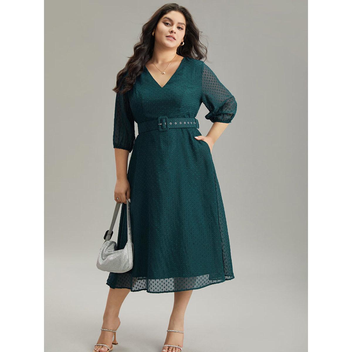 Plus Size Solid Texture Pocket Belted Mesh Patchwork Dress Aegean Women Glamour Elastic cuffs V-neck Elbow-length sleeve Curvy Midi Dress BloomChic 18-20/2X Product Image