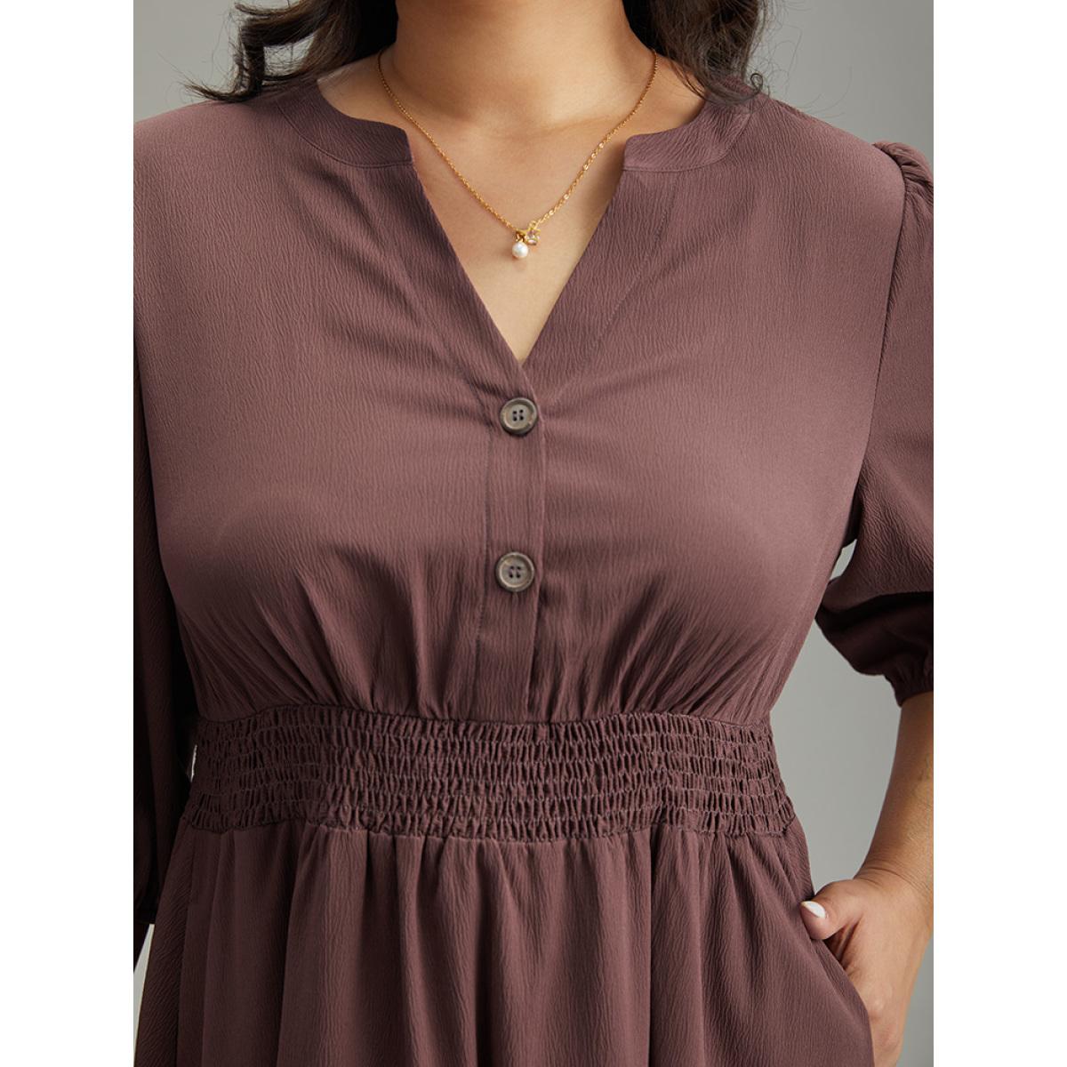 Plus Size Solid Notched Lantern Sleeve Shirred Dress Eggplant Women Office Elastic cuffs Notched collar Elbow-length sleeve Curvy Midi Dress BloomChic 10/M Product Image