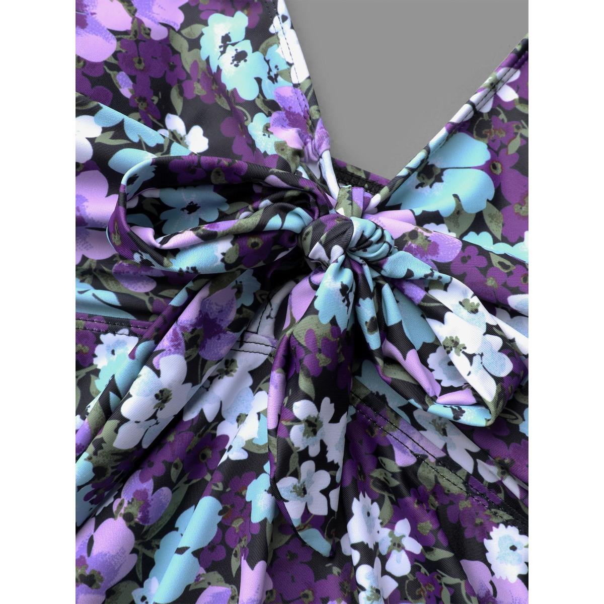 Plus Size Ditsy Floral Ties Adjustable Ruched Swim Top Women's Swimwear Eggplant Resort Tie knot High stretch Bodycon V-neck Curve Swim Tops BloomChic 26/4X Product Image
