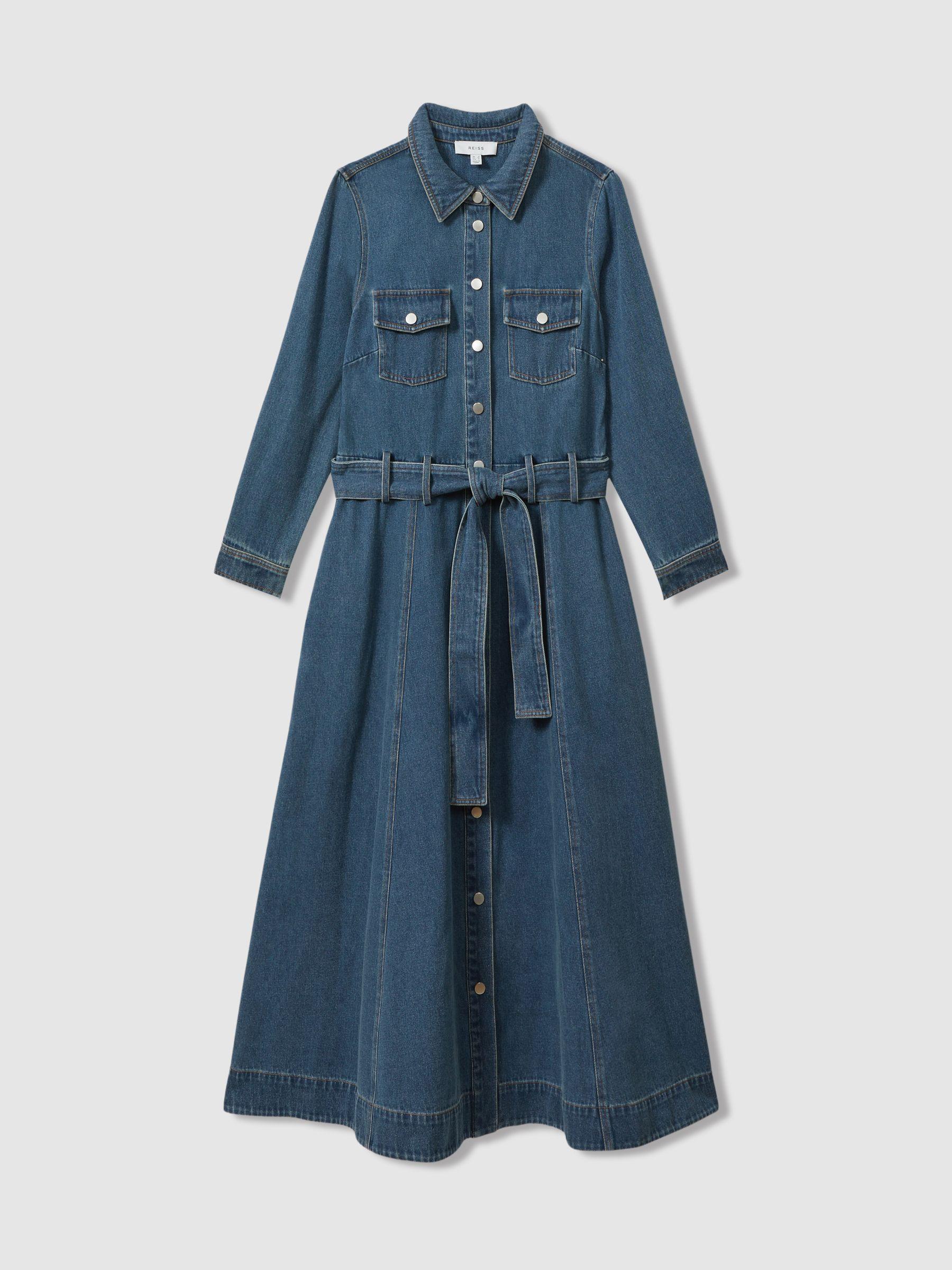 Belted Denim Midi Dress in Indigo Product Image