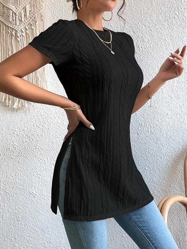 Short Sleeves Pleated Solid Color Split-Joint Split-Side Round-Neck T-Shirts Product Image