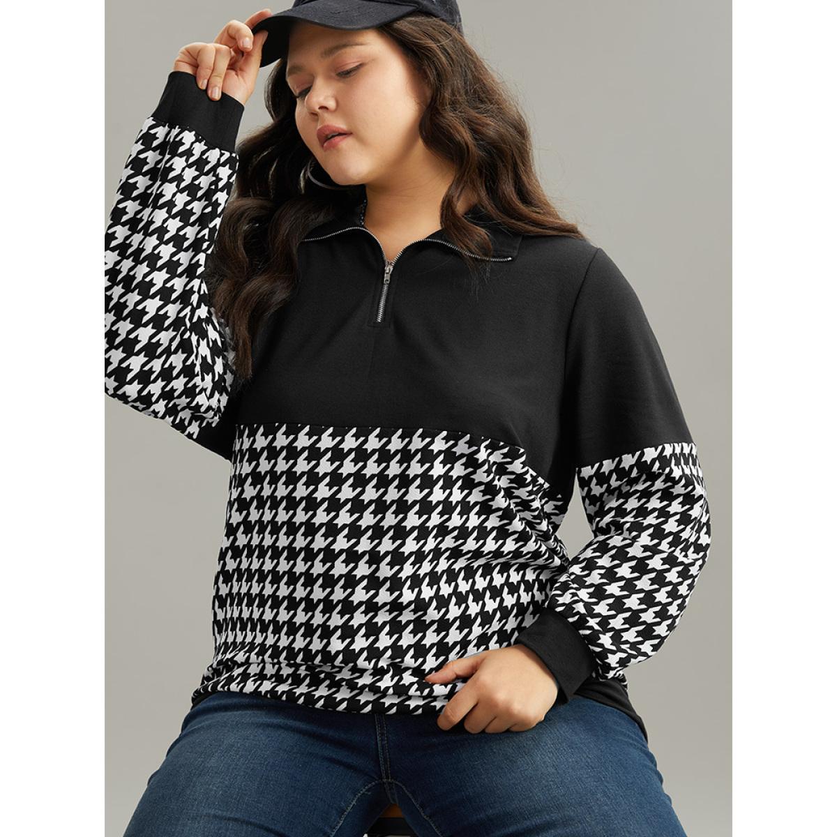 Plus Size Houndstooth Patchwork Half Zip Sweatshirt Women Black Casual Elastic cuffs Polo Dailywear Sweatshirts BloomChic 26/4X Product Image