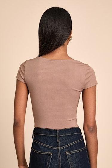 Jacqueline Taupe Ribbed Knit Short Sleeve Bodysuit Product Image