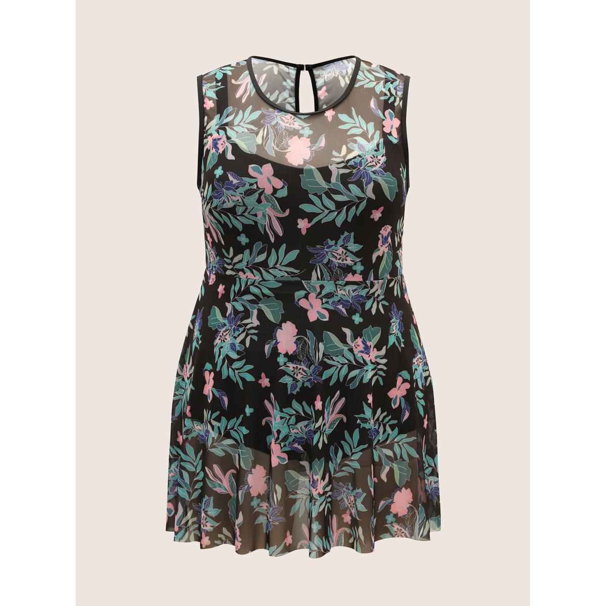 Plus Size U Neck Tropical Print See Through Swim Dress Women's Swimwear Black Beach Bodycon U-neck High stretch Curve Swim Dresses BloomChic 22-24/3X Product Image