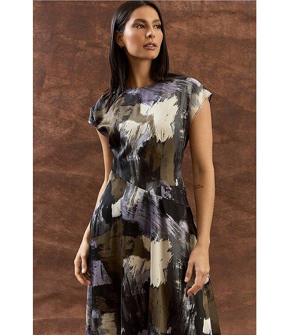 Maggy London Twill Paint Print Cap Sleeve Midi Dress Product Image
