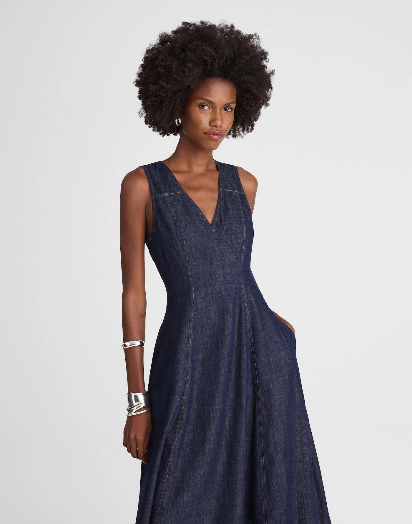 Denim V-Neck Circle Midi Dress Product Image