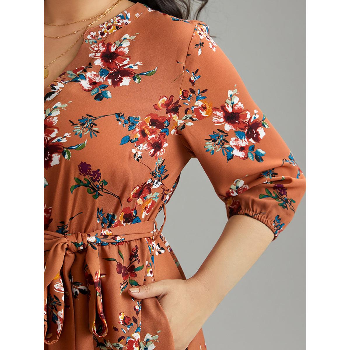 Plus Size Floral Notched Belted Elastic Waist Dress Chocolate Women Elegant Elastic cuffs Notched collar Elbow-length sleeve Curvy Midi Dress BloomChic 22-24/3X Product Image