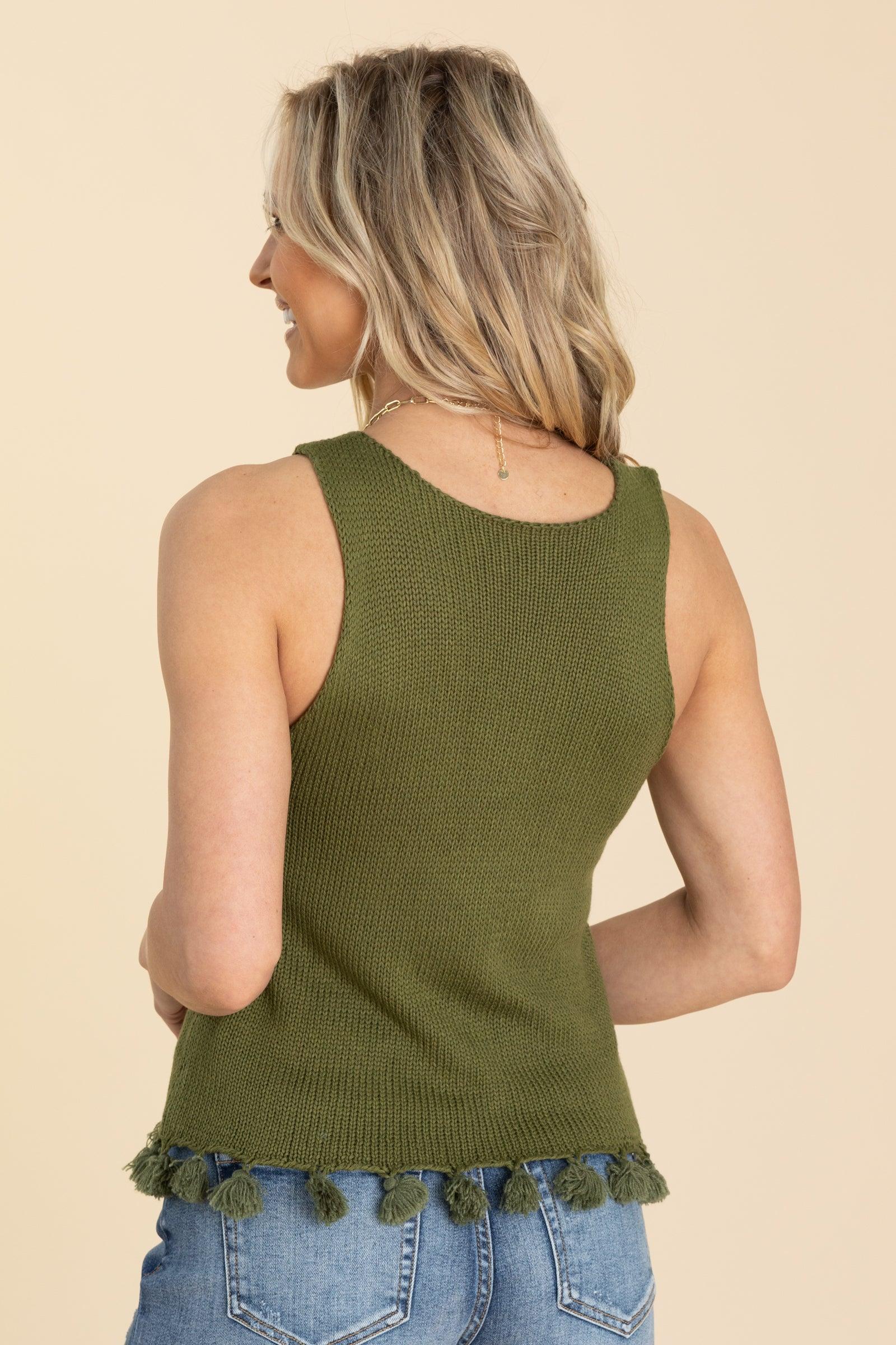 Olive Sweater Knit Tank With Tassel Trim Product Image