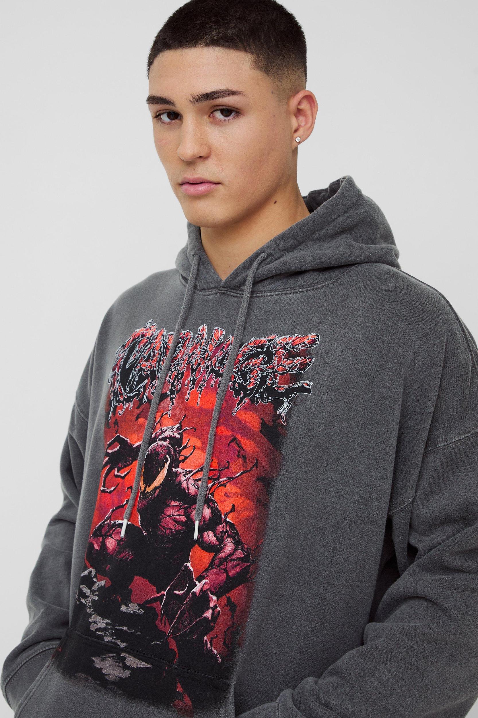 Oversized Marvel Venom Carnage Wash License Print Hoodie | boohooMAN USA Product Image