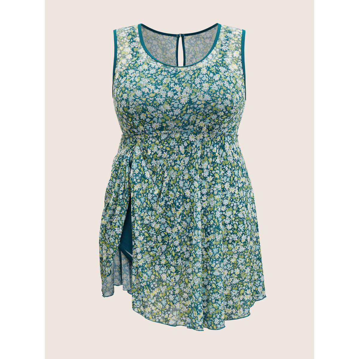 Plus Size Ditsy Floral Round Neck Cut Out Swim Dress Women's Swimwear Moss Beach Bodycon Round Neck High stretch Curve Swim Dresses BloomChic 10/M Product Image