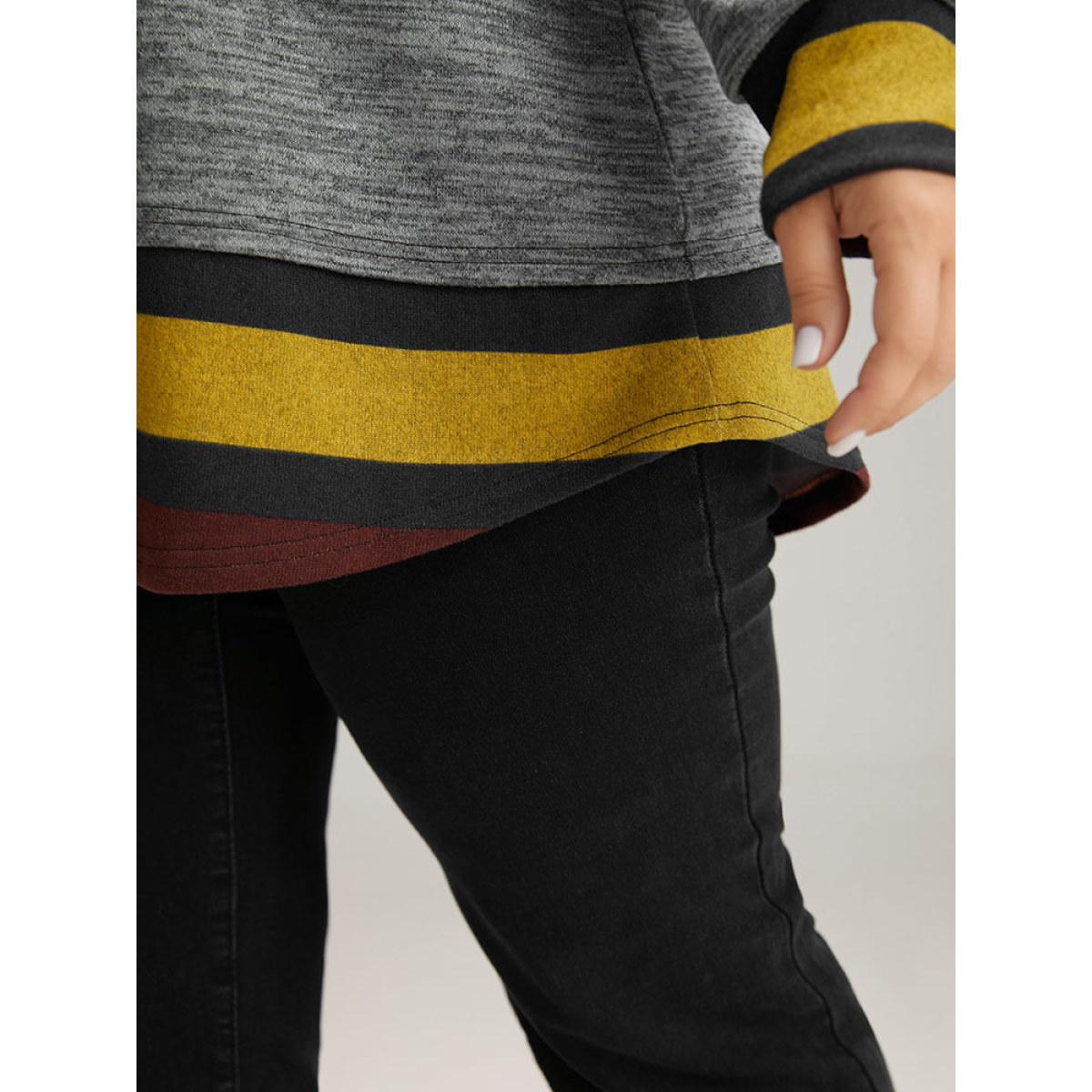 Plus Size Striped Heather Patchwork Curved Hem Sweatshirt Women Gray Casual Contrast Round Neck Dailywear Sweatshirts BloomChic 12/L Product Image
