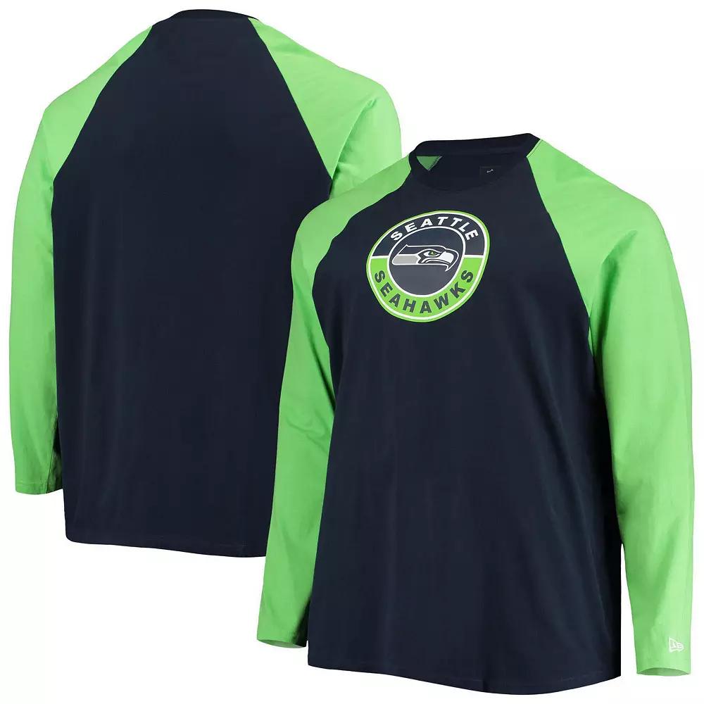 Men's New Era College Navy/Neon Green Seattle Seahawks Big & Tall League Raglan Long Sleeve T-Shirt, Size: 2XB, Blue Product Image
